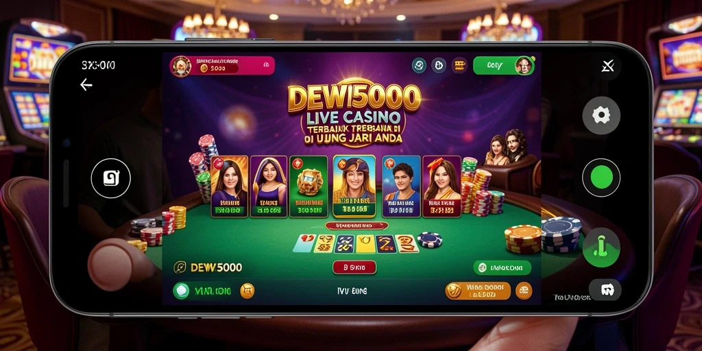 Screenshot DEWI5000 menampilkan dealer langsung dan suasana permainan nyata.