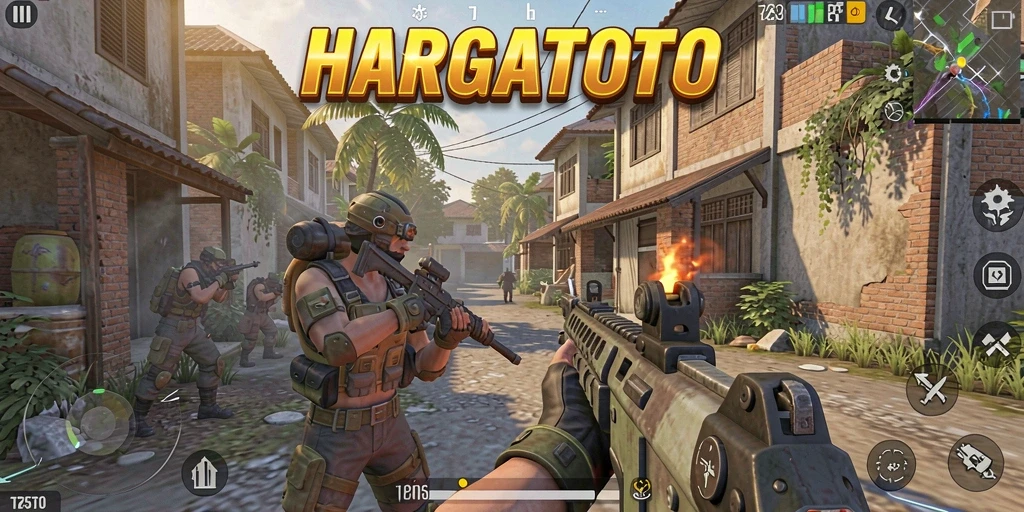Screenshot permainan HARGATOTO yang menunjukkan aksi bertempur seru di lokasi yang menarik.