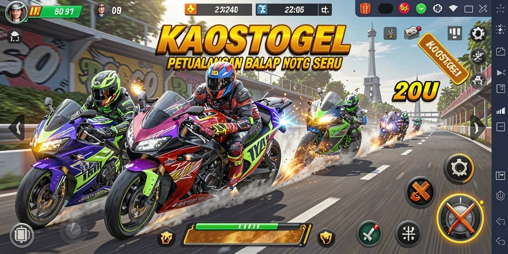 Gameplay KAOSTOGEL yang mendebarkan saat balapan motor.