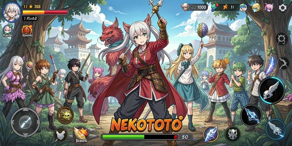 Tampilan gameplay seru di dalam NEKOTOTO dengan karakter anime yang menarik.