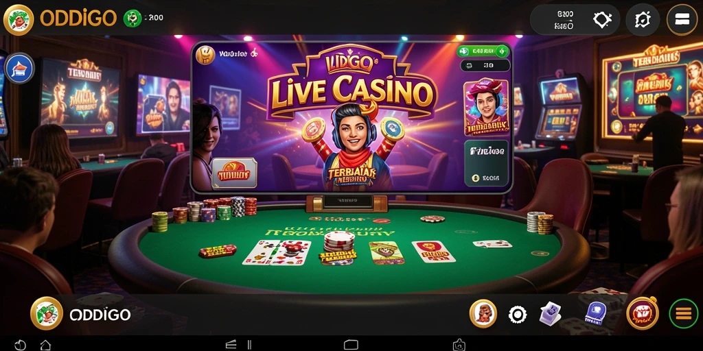 Tampilan utama gameplay ODDIGO dengan dealer langsung dan suasana kasino.