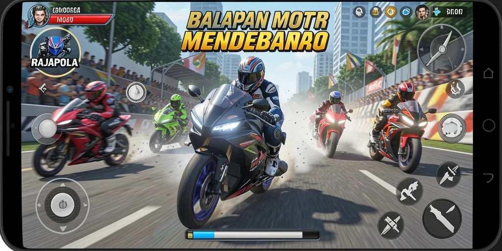 Tampilan gameplay RAJAPOLA yang seru dan mendebarkan dalam balapan motor.