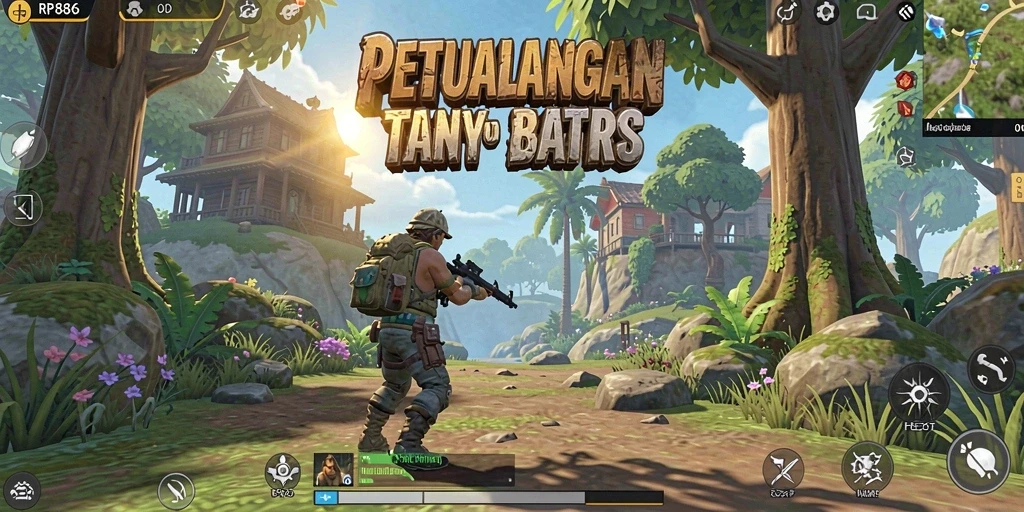 Screenshot menunjukkan pemain menjelajahi dunia terbuka penuh warna.