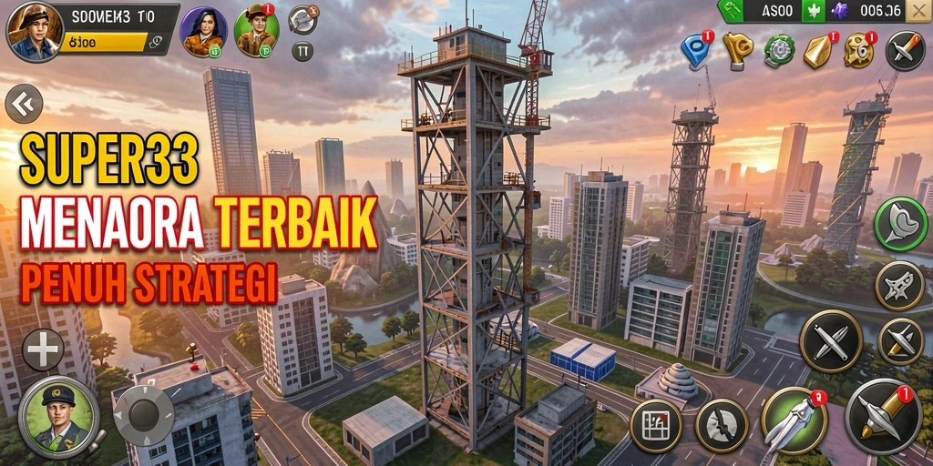 Tampilan gameplay SUPER33 dengan menara pertahanan yang strategis.