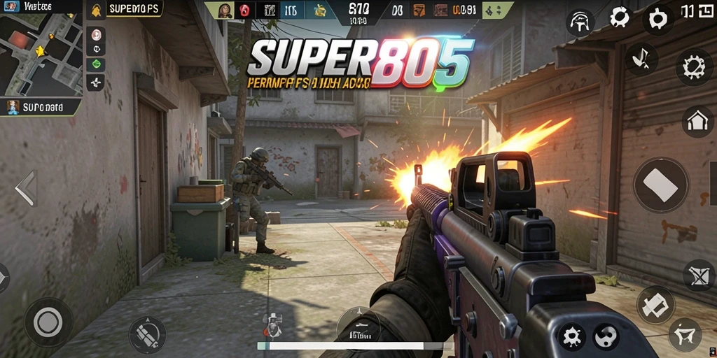 Screenshot utama SUPER805 menampilkan aksi pertempuran FPS yang mendebarkan.