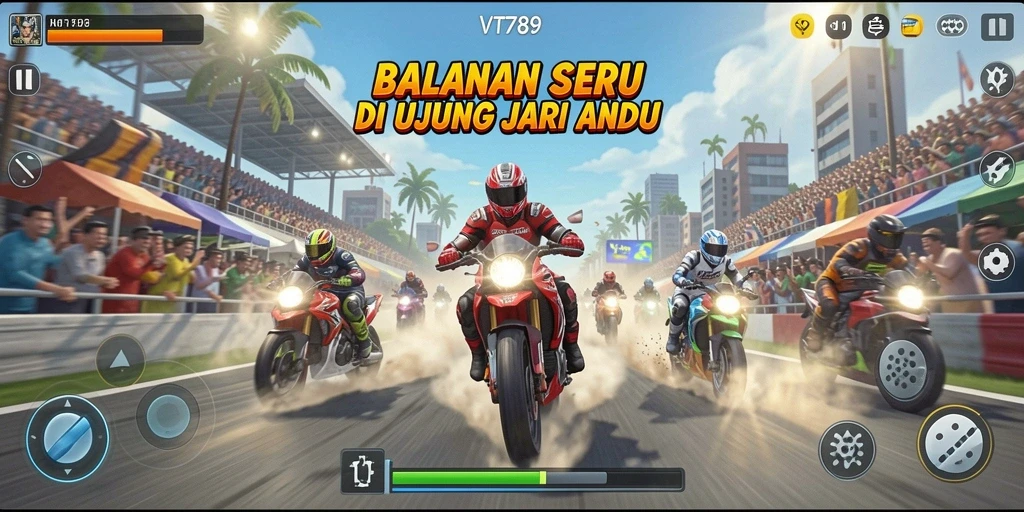 Screenshot VT789 menunjukkan aksi balapan yang mendebarkan dan mobil berkualitas tinggi.